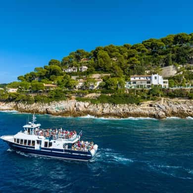 A white passenger boat passing a wooded cape on deep blue water